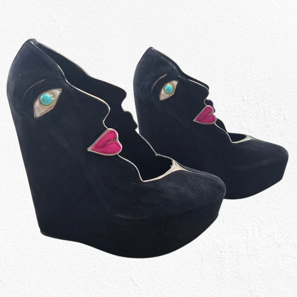 Dolce & Gabbana Face Wedge Platform Black Suede Platino Statement Heels EU 36.5 - Picture 16 of 16